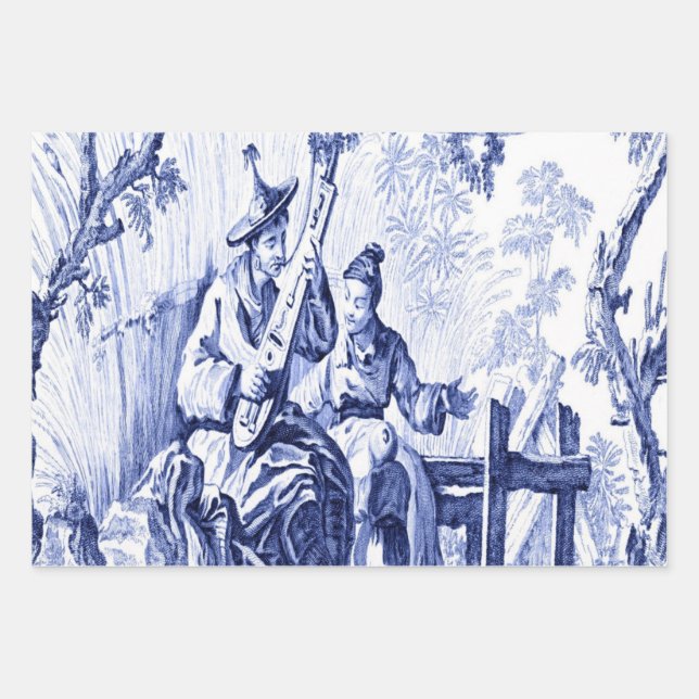Blue Chinoiserie Decoupage Wrapping Paper Sheets  (Front)