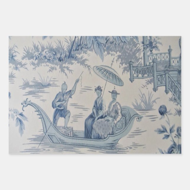 Blue Chinoiserie Decoupage Wrapping Paper Sheets  (Front)