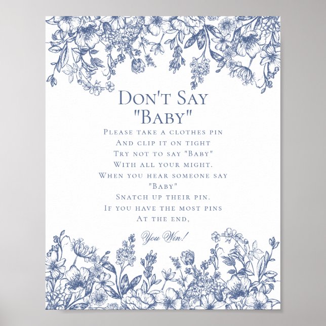 Blue Chinoiserie Dont Say Baby Shower Game Poster (Front)