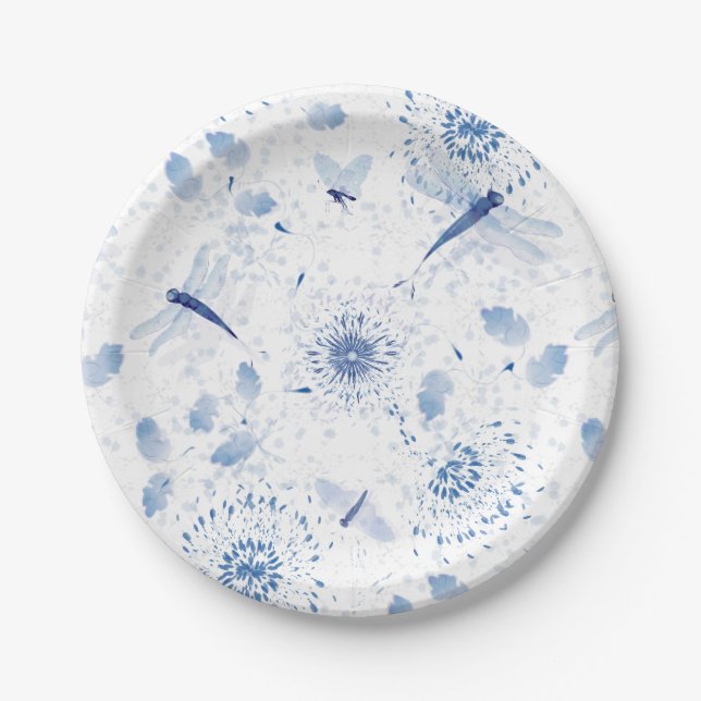 Blue Chinoiserie Dragonfly Floral Paper Plate (Front)