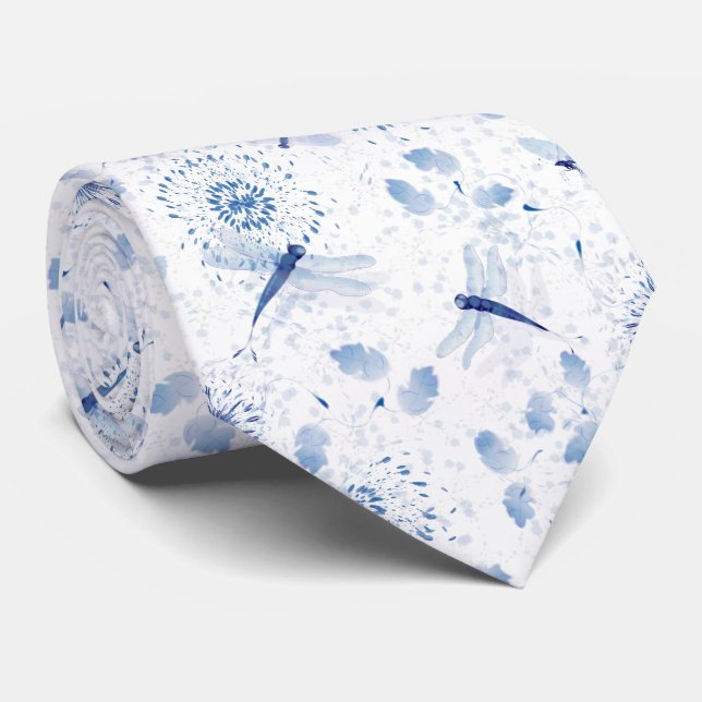 Blue Chinoiserie Dragonfly Floral Tie (Rolled)