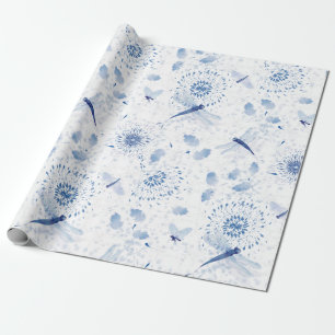 Blue Chinoiserie Dragonfly Floral Wrapping Paper