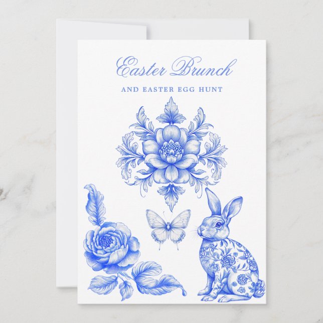 Blue Chinoiserie Easter Brunch Egg Hunt  Invitation (Front)