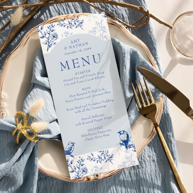 Blue Chinoiserie Elegant Floral Wedding Menu (Wedding Menu from Chinoiserie Wedding Collection by Darling & May)