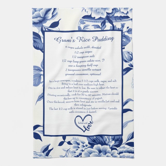 Blue Chinoiserie Family Recipe Keepsake Custom  Tea Towel (Vertical)