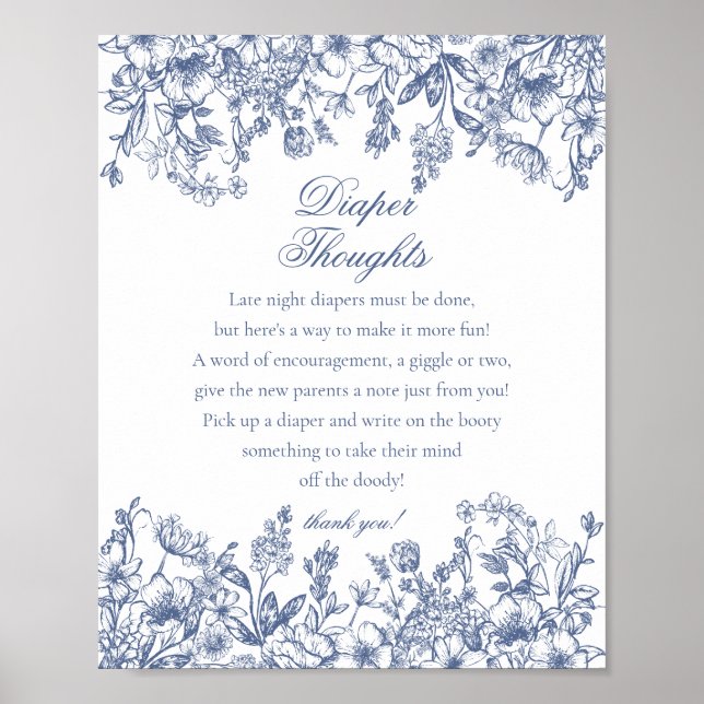 Blue Chinoiserie Flora Diaper Thoughts Baby Shower Poster (Front)