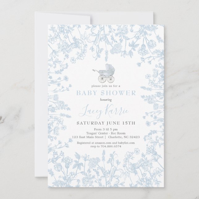 Blue Chinoiserie floral baby Shower Invitation, Invitation (Front)