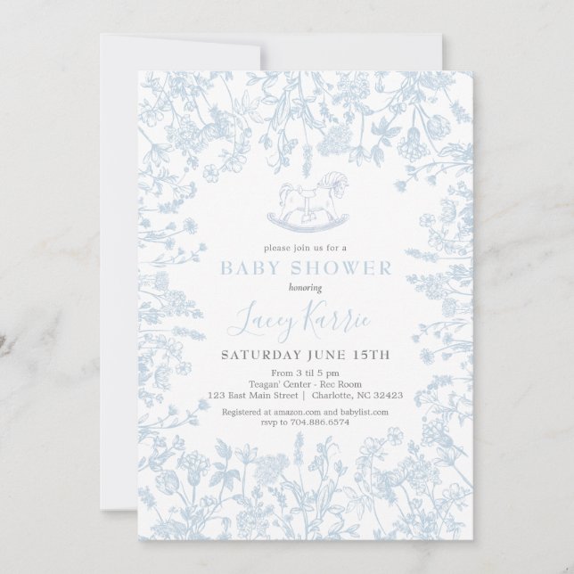 Blue Chinoiserie floral baby Shower Invitation, Invitation (Front)