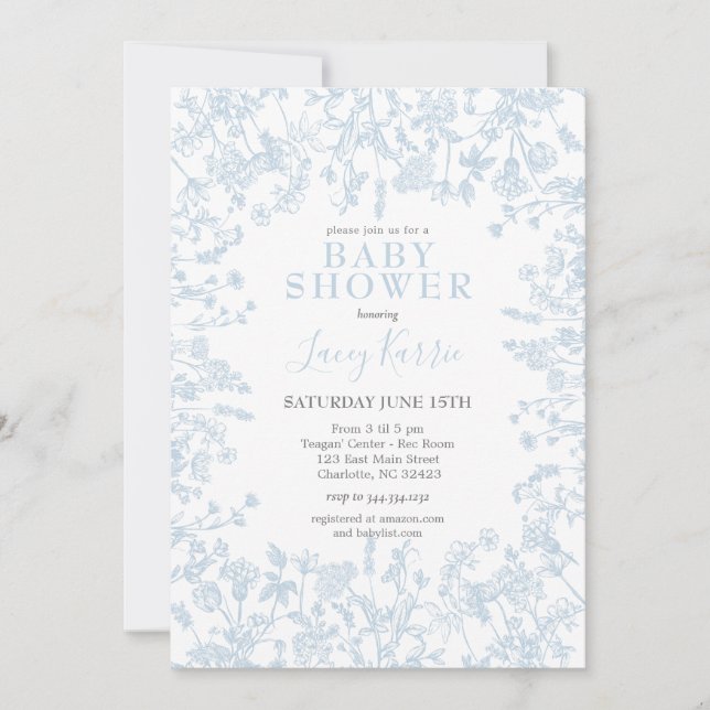 Blue Chinoiserie Floral Baby Shower Invitation,  Invitation (Front)