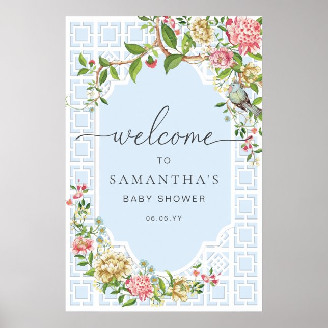 Blue Chinoiserie Floral Baby Shower Welcome Sign (Front)