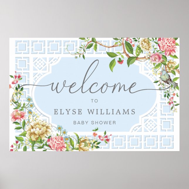 Blue Chinoiserie Floral Baby Shower Welcome Sign (Front)