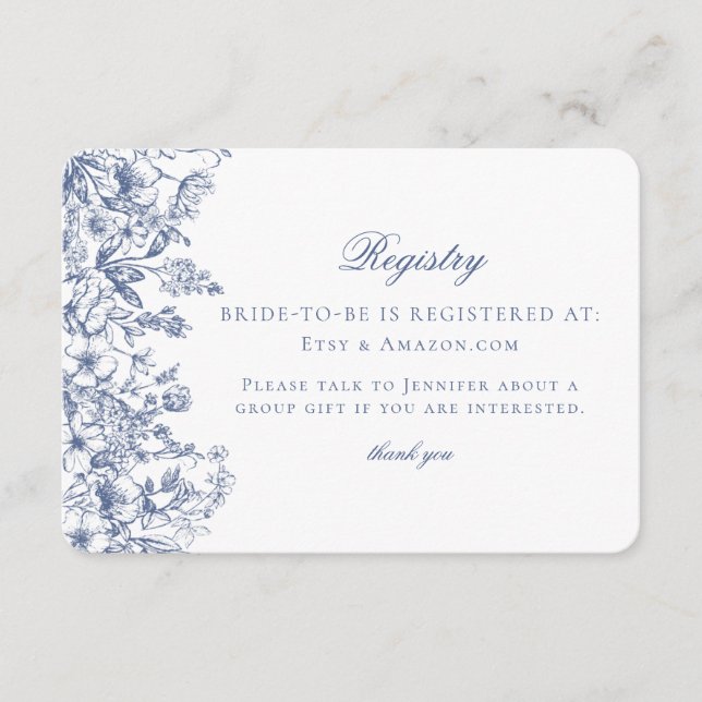 Blue Chinoiserie Floral Bridal Registry Card (Front)