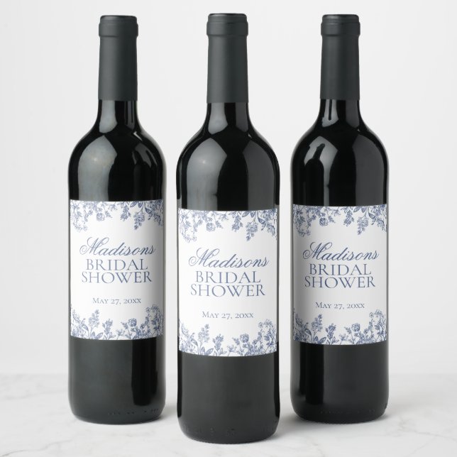 Blue Chinoiserie Floral Bridal Shower Favours Wine Label (Bottles)