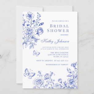 Blue Chinoiserie Floral Bridal Shower Invitation