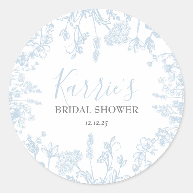 Blue Chinoiserie Floral Bridal Shower Invitation,  Classic Round Sticker (Front)