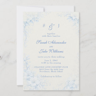 Blue Chinoiserie Floral Cream Wedding Invitation