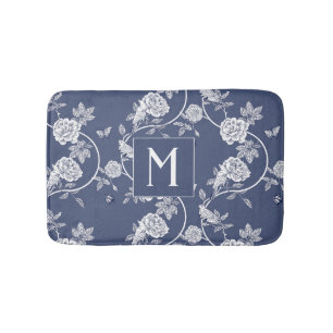 Blue Chinoiserie Floral Monogram Bath Mat