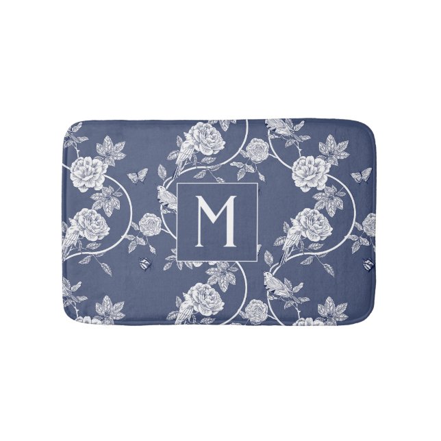 Blue Chinoiserie Floral Monogram Bath Mat (Front)