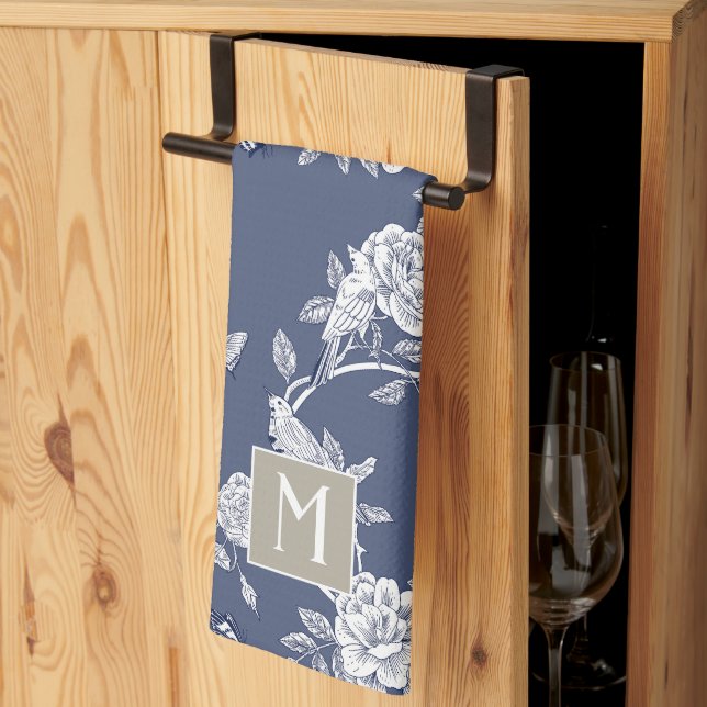 Blue Chinoiserie Floral Monogram Tea Towel (Thirds Fold)