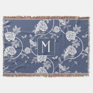 Blue Chinoiserie Floral Monogram Throw Blanket