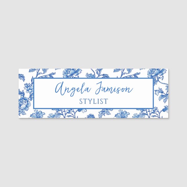 Blue Chinoiserie Floral Name Tag (Front)