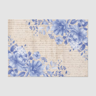 Blue Chinoiserie Floral Old Handwriting Decoupage Tissue Paper