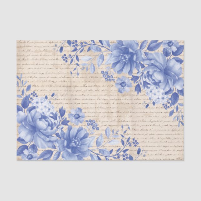 Blue Chinoiserie Floral Old Handwriting Decoupage Tissue Paper (Front)