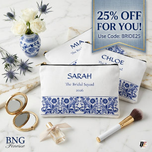 Blue Chinoiserie Floral Personalised Bridal Squad Accessory Pouch