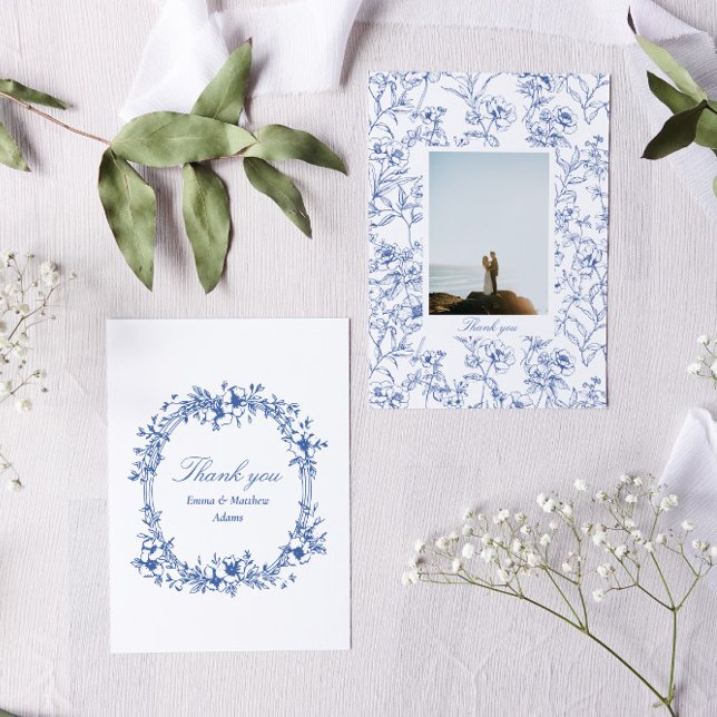 Blue Chinoiserie Floral Photo Wedding Thank You Card (Blue chinoiserie toile victorian wedding thank you card)