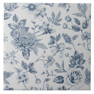 Blue Chinoiserie Floral Vintage Tile