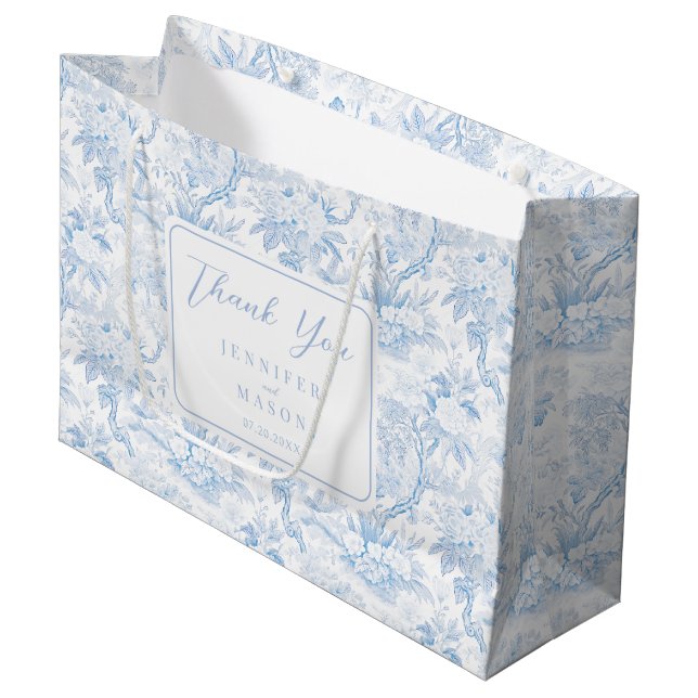 Blue Chinoiserie Floral Wedding Thank You  Large Gift Bag (Front Angled)