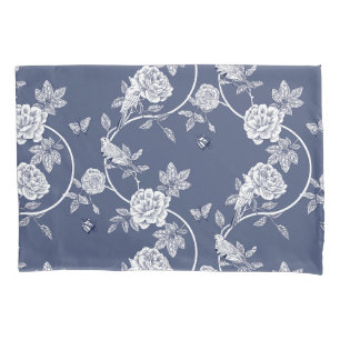Blue Chinoiserie Flowers and Birds Pillowcase