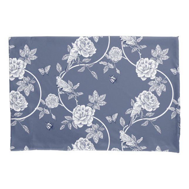 Blue Chinoiserie Flowers and Birds Pillowcase (Front)
