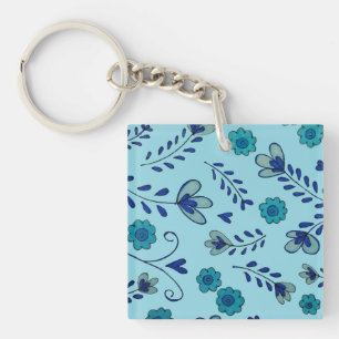 Blue chinoiserie flowers key ring