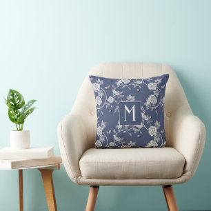 Blue Chinoiserie Flowers Monogram Cushion