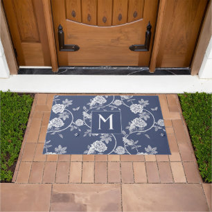 Blue Chinoiserie Flowers Monogram Doormat