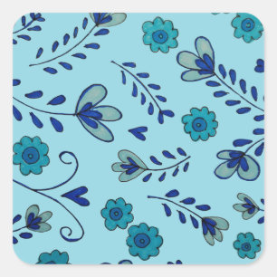 Blue chinoiserie flowers square sticker