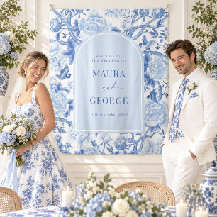 Blue Chinoiserie French Toile Wedding Welcome Tapestry