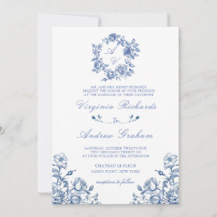 Blue Chinoiserie French Vintage Monogram Wedding Invitation