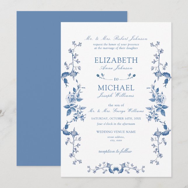 Blue Chinoiserie French Vintage Victorian Wedding Invitation (Front/Back)
