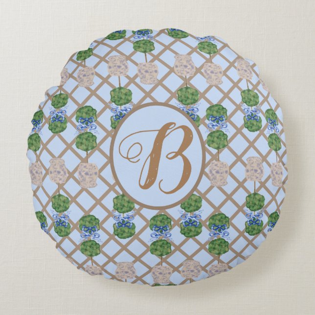 Blue Chinoiserie Ginger Jar Jars Topiary basket Ro Round Cushion (Front)
