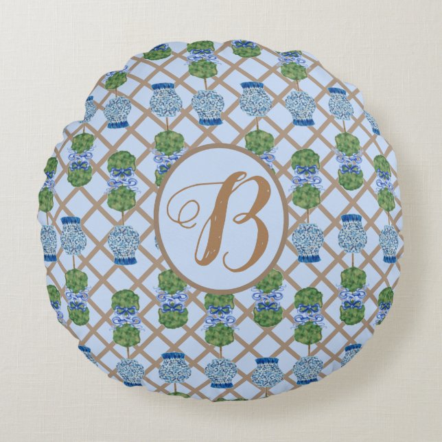 Blue Chinoiserie Ginger Jar Jars Topiary basket Round Cushion (Front)