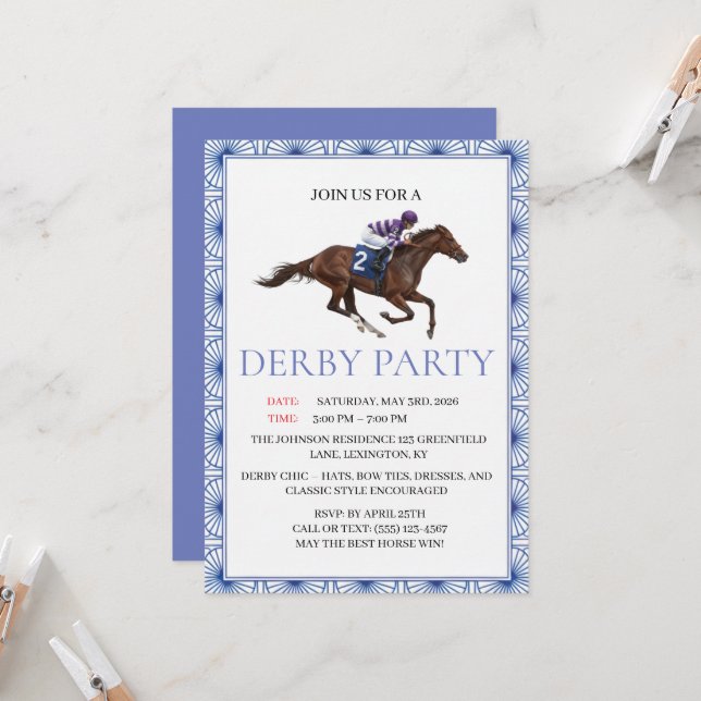 Blue Chinoiserie Horse Race Derby Party Invite (Front/Back In Situ)