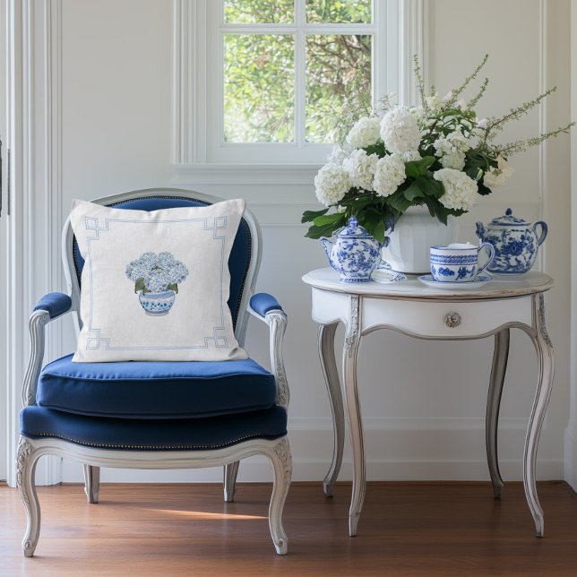 Blue Chinoiserie Hydrangea Grandmillennial  Cushion (Creator Uploaded)