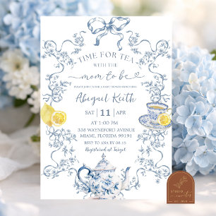 Blue Chinoiserie Lemon Baby Shower Tea Party Invitation