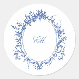 Blue Chinoiserie Monogram Crest Wedding Logo Classic Round Sticker