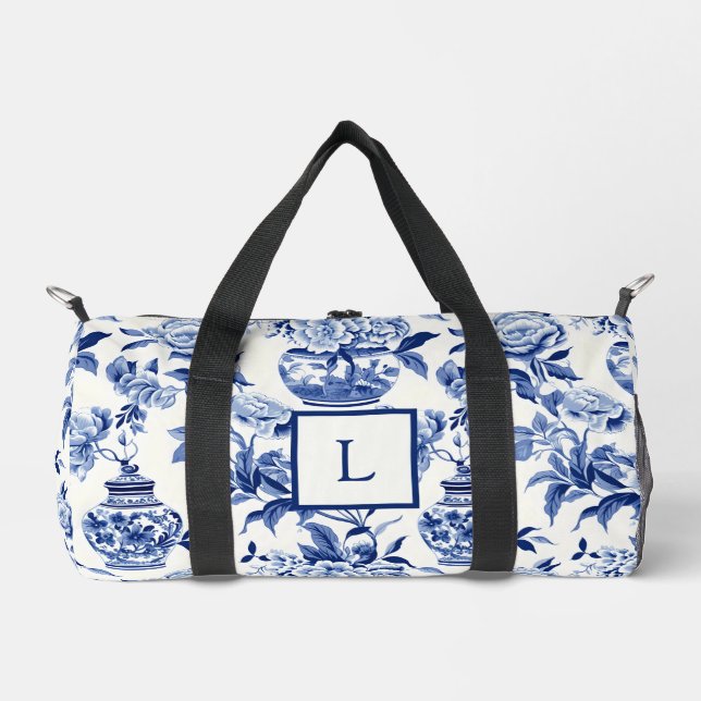 Blue Chinoiserie Monogram  Duffle Bag (Front)