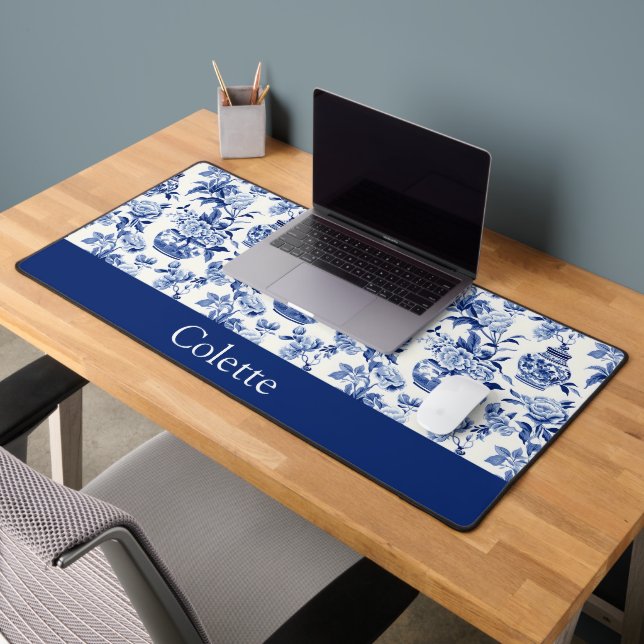 Blue Chinoiserie Monogram Name Desk Mat (Office 2)