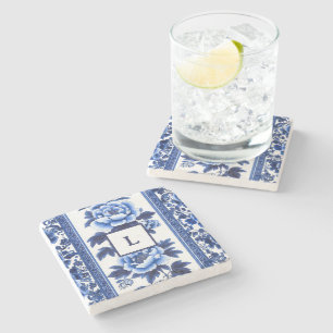 Blue Chinoiserie Monogram  Stone Coaster