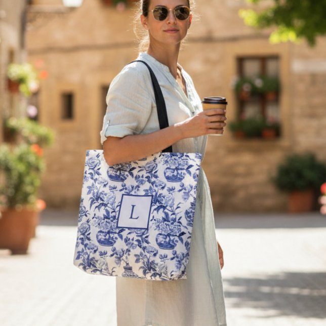 Blue Chinoiserie Monogram  Tote Bag (Creator Uploaded)